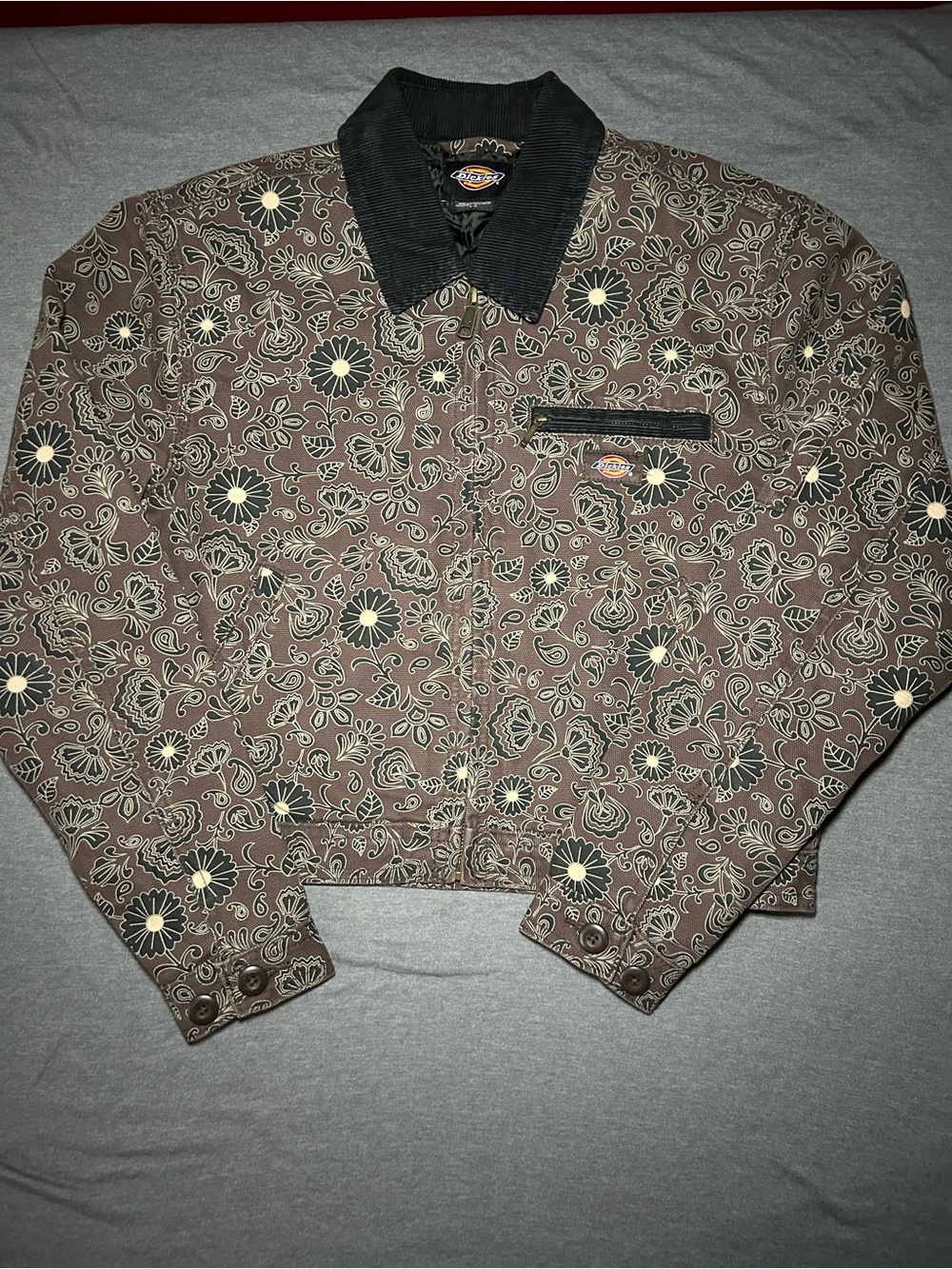Dickies Brown Floral-Print Barn Style Jacket with Black Corduroy Collar
